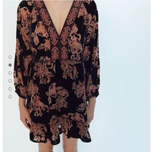 Zara Velvet Trim Floral V-Neck Ruffle Trim 3/4 Sleeve Dress Women's Size Small - Picture 4 of 15